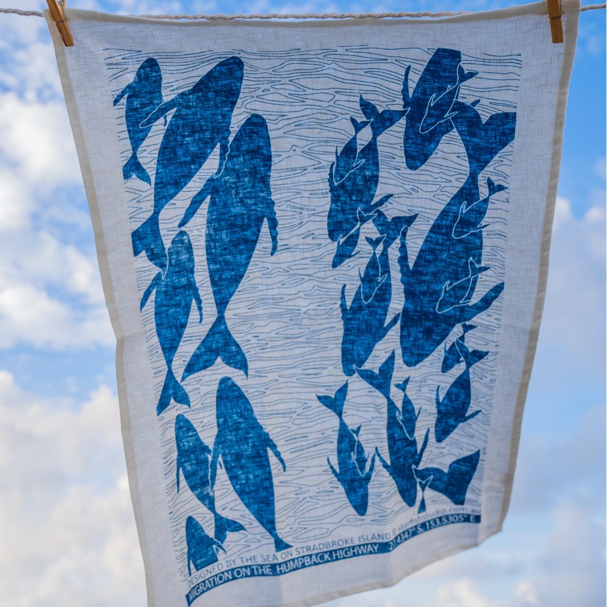 Pure Linen Tea Towel, Humpbacks, blue