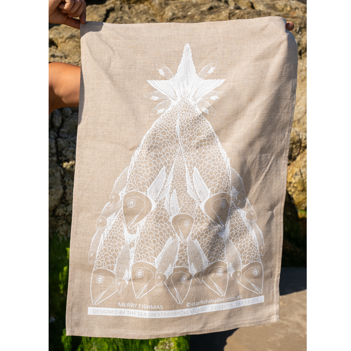 Pure Linen Tea Towel, Merry Fishmas - White on Natural Flax
