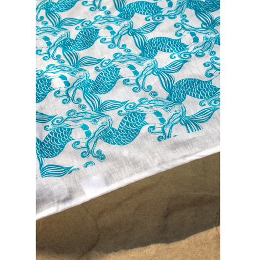 Pure Linen Tea Towel, Mermaids, Teal