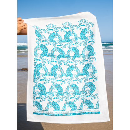 Pure Linen Tea Towel, Mermaids, Teal