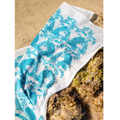 Pure Linen Tea Towel, Mermaids, Teal