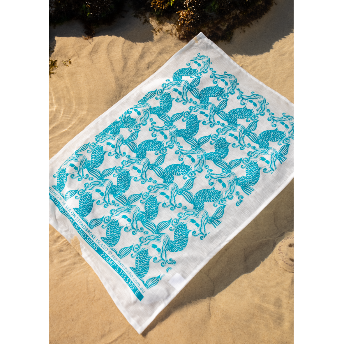 Pure Linen Tea Towel, Mermaids, Teal