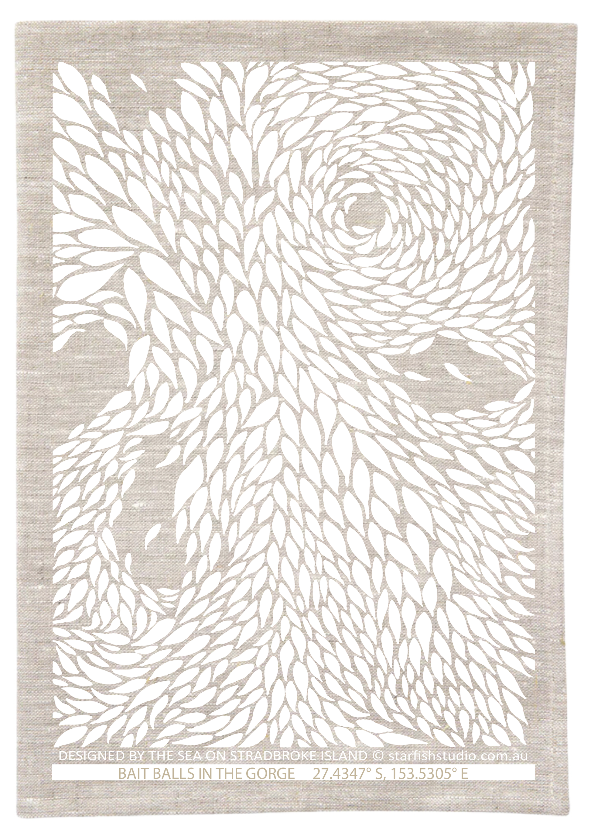 Bait Ball Linen Tea Towel – White Print on Oatmeal by Jess Scott