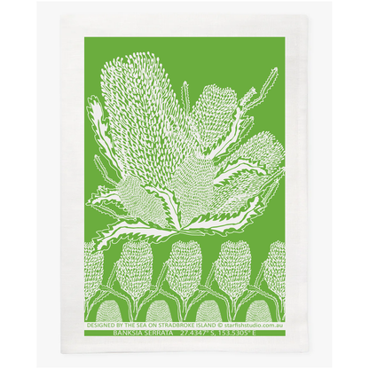 Banksia Linen Tea Towel – Green Botanical Print by Jess Scott