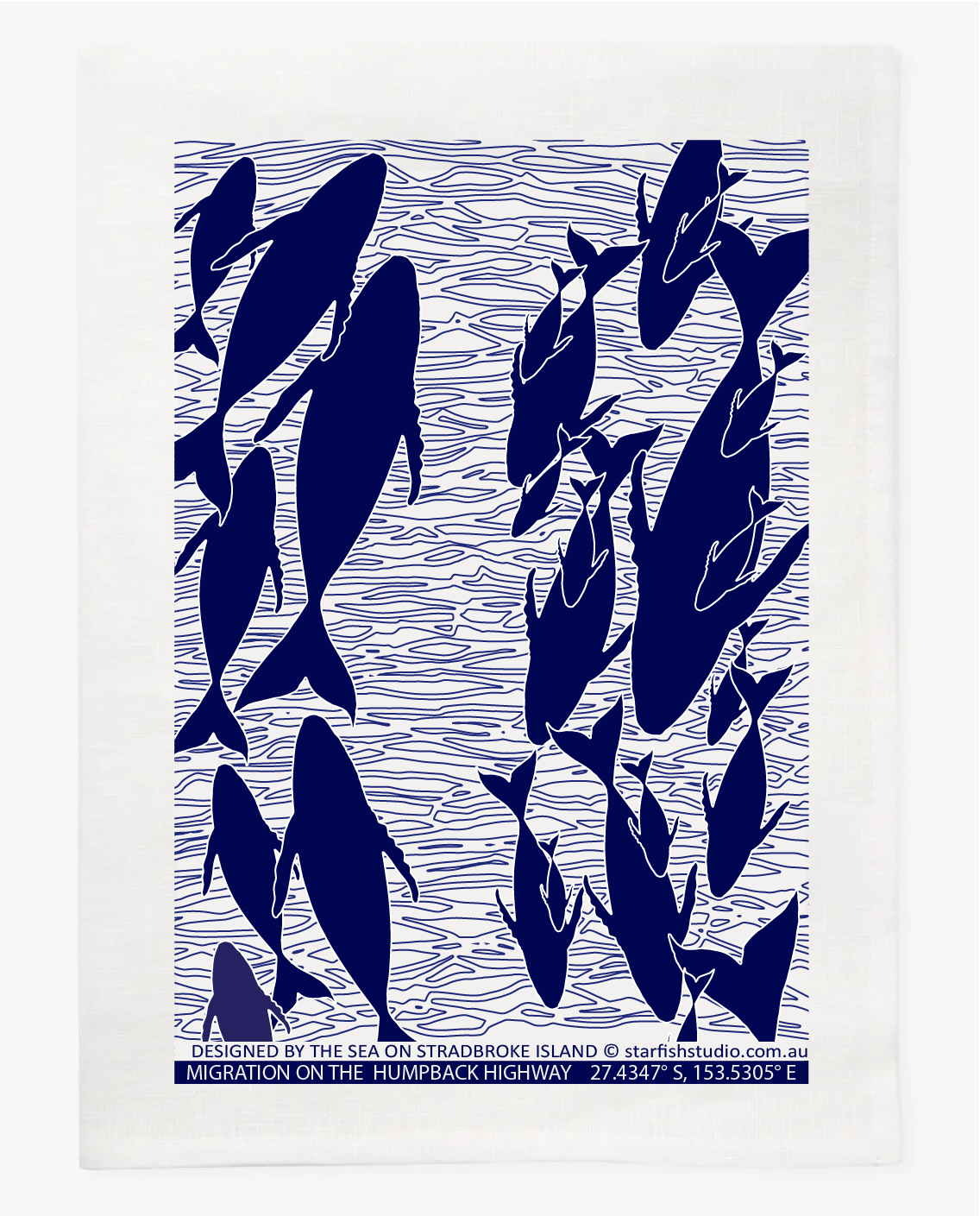 Humpbacks Linen Tea Towel – Blue Ocean Print by Jess Scott