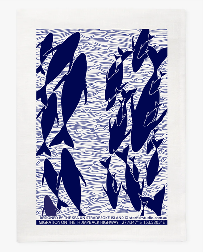 Humpbacks Linen Tea Towel – Blue Ocean Print by Jess Scott