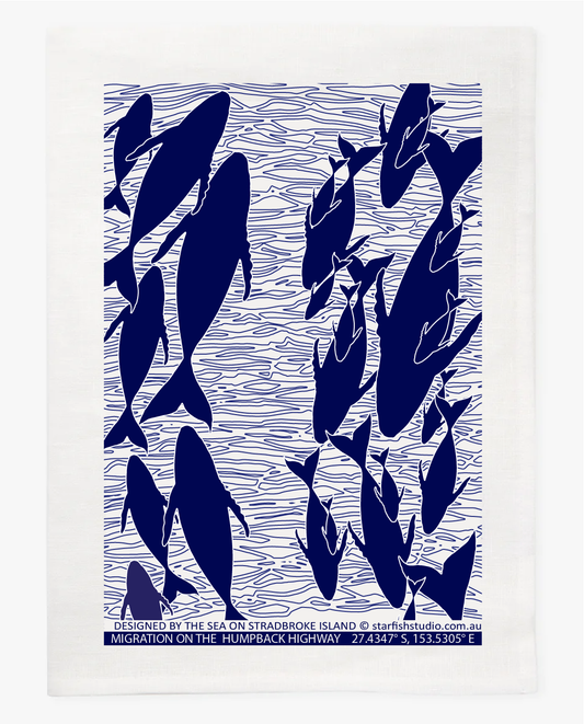 Humpbacks Linen Tea Towel – Blue Ocean Print by Jess Scott