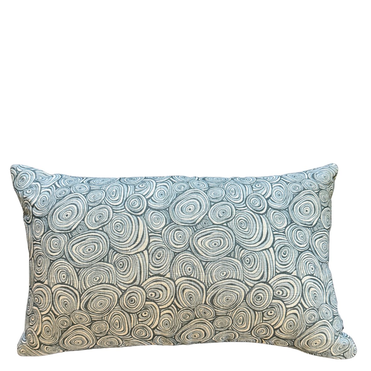 Frenchmans Growth Rings rectangular linen cushion cover in blue and natural tones on a white background