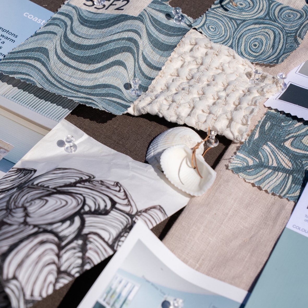 Frenchmans linen cushion design mood board with Growth Rings and coordinating coastal fabric swatches