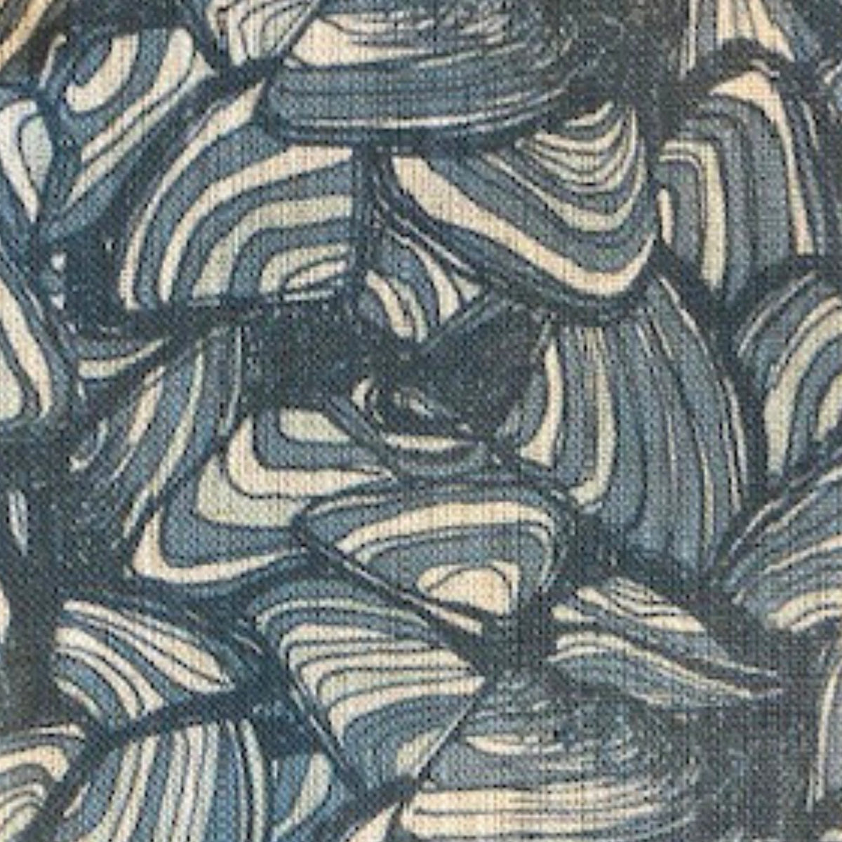 Close-up of the Frenchmans Pipi linen fabric showing the abstract blue pattern detail.