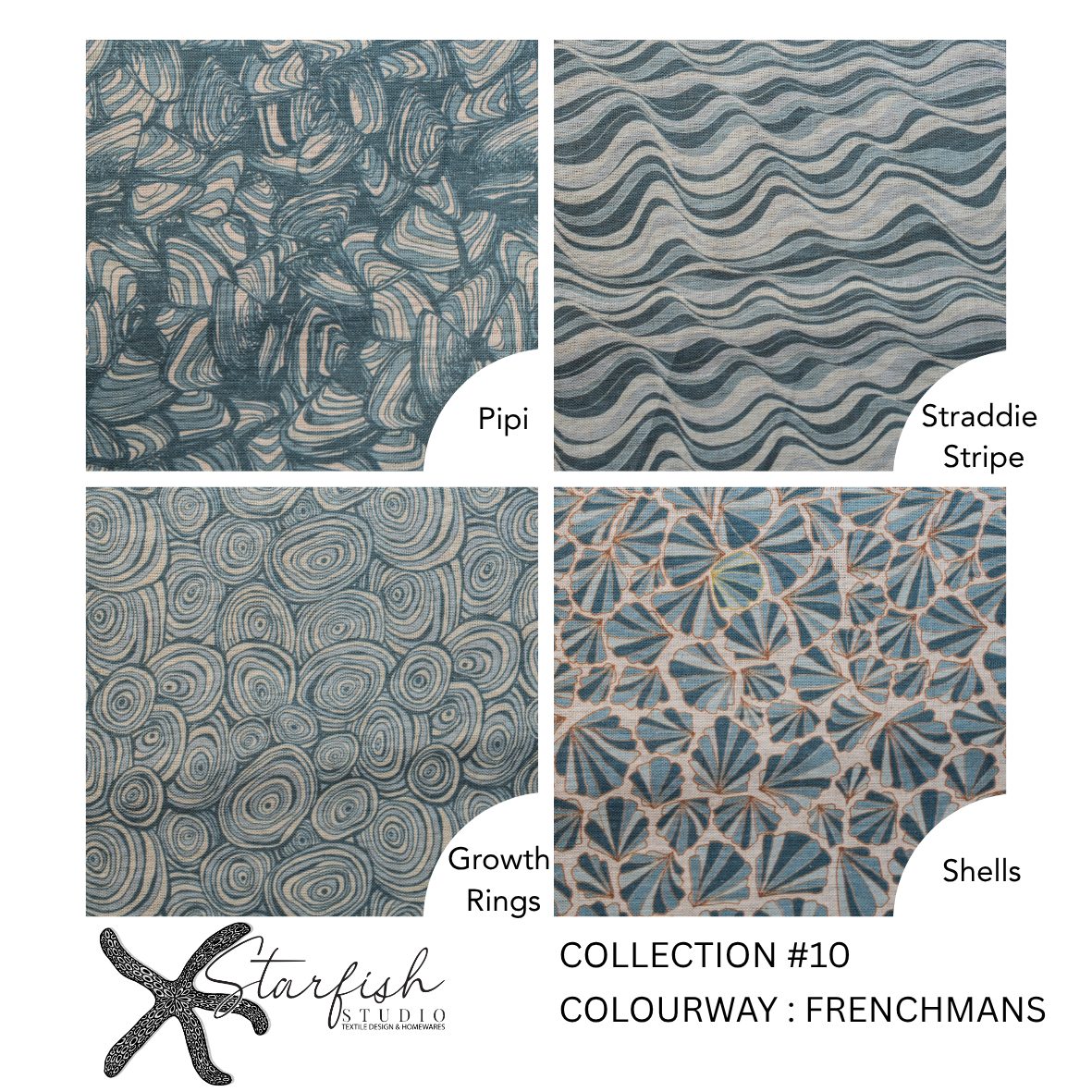 Frenchmans collection colourway guide showing the Pipi, Straddie Stripe, Growth Rings and Shells patterns by Starfish Studio.