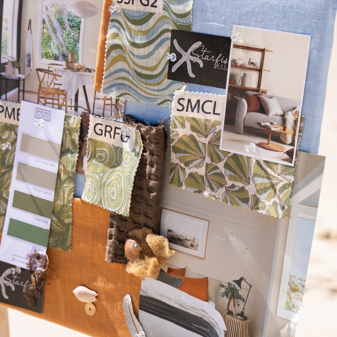Close-up of colourway mood board with Growth Rings and coordinating linen fabrics