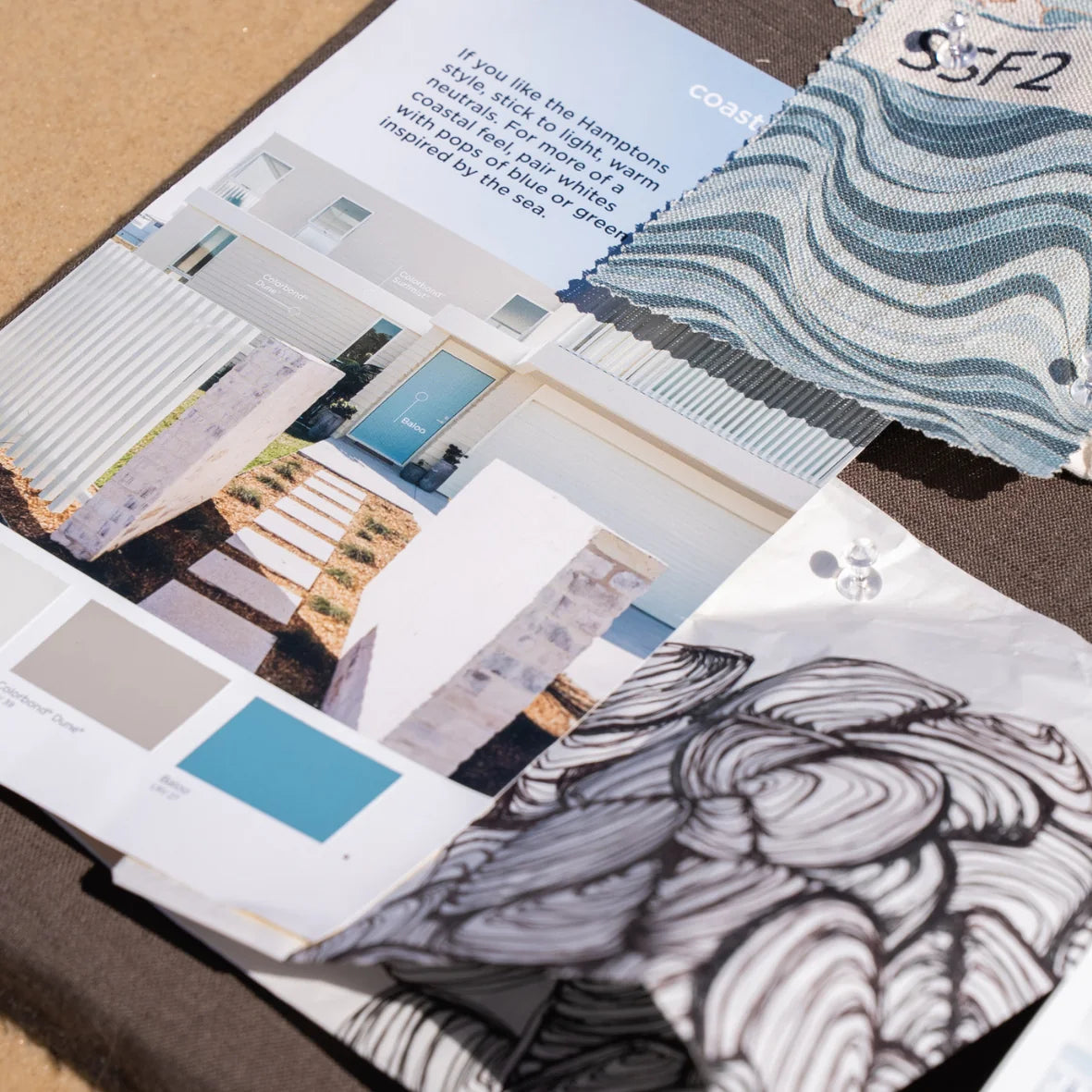 Frenchmans Straddie Stripe fabric and coastal design moodboard with blue and neutral tones.
