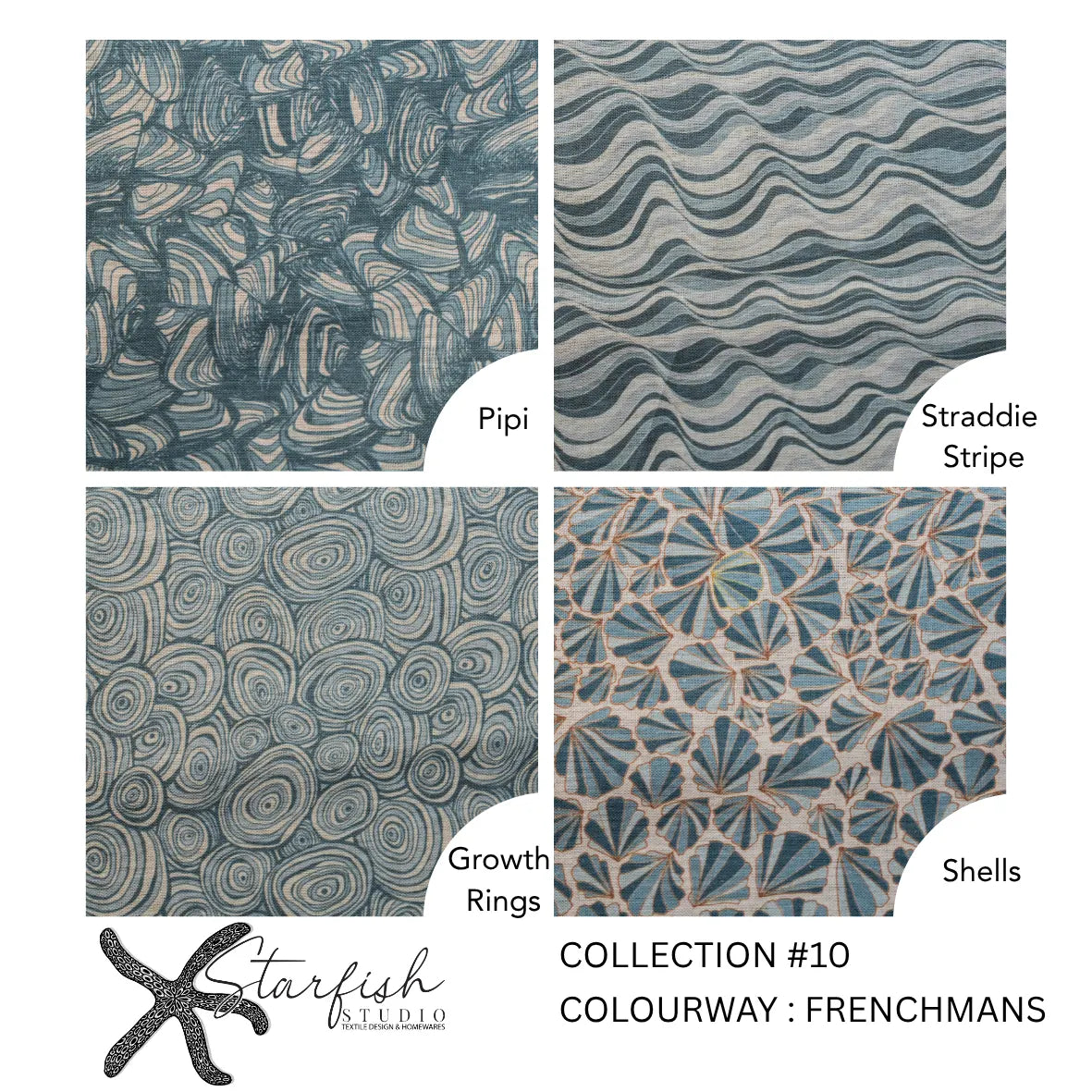 Frenchmans collection fabric board showing Pipi, Straddie Stripe, Growth Rings and Shells designs.