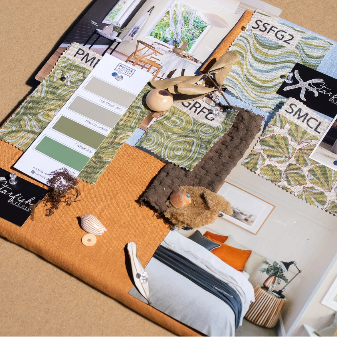 Starfish Studio coastal design moodboard showing Shells and coordinating fabric swatches, paint colours and interior styling references.
