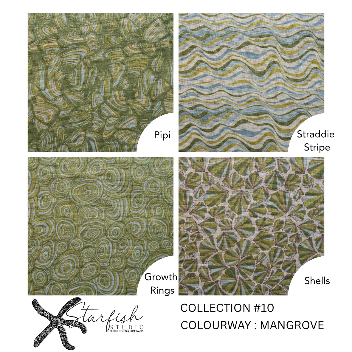 Starfish Studio collection board showing Pipi, Straddie Stripe, Growth Rings and Shells fabric designs in green and blue coastal tones.