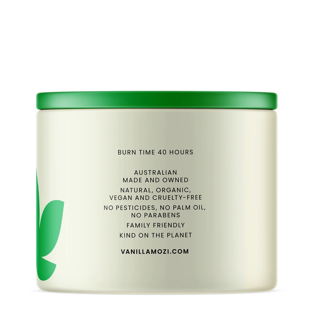 Vanilla Mozi candle with green lid on a white background