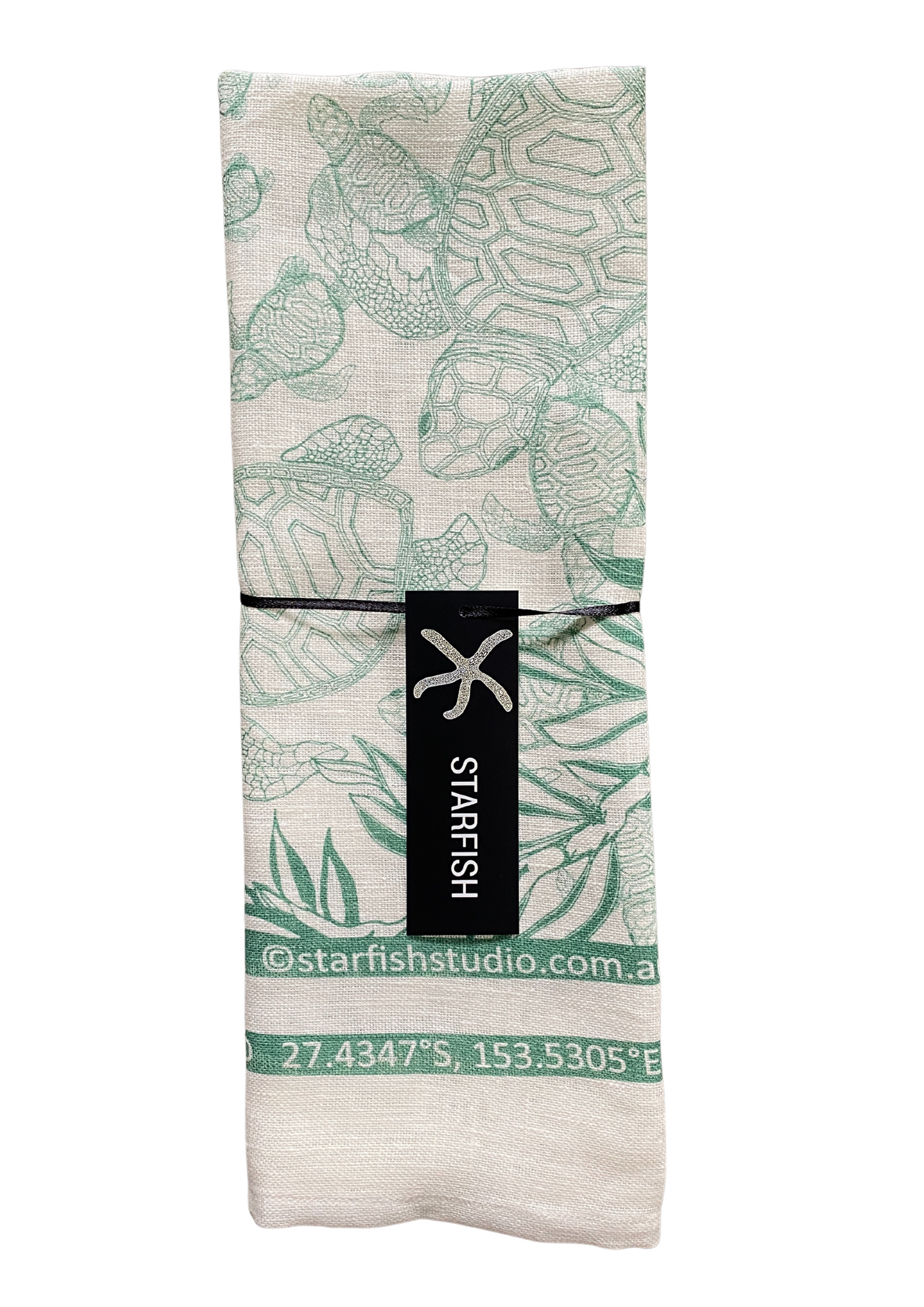 Turtle Hatchlings Linen Tea Towel – Green Print by Jess Scott


