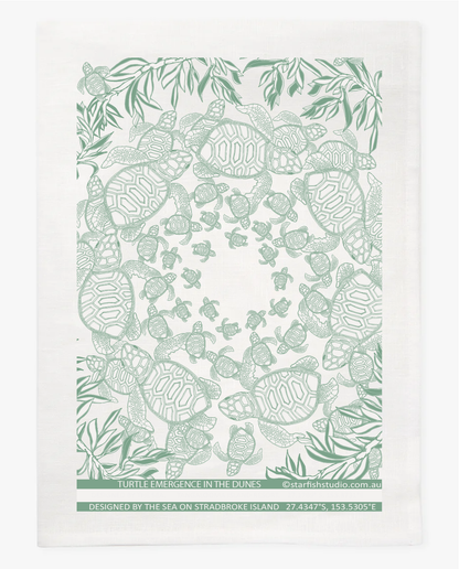 Turtle Hatchlings Linen Tea Towel – Green Print by Jess Scott


