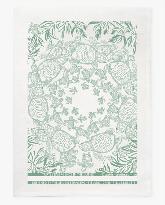 Turtle Hatchlings Linen Tea Towel – Green Print by Jess Scott

