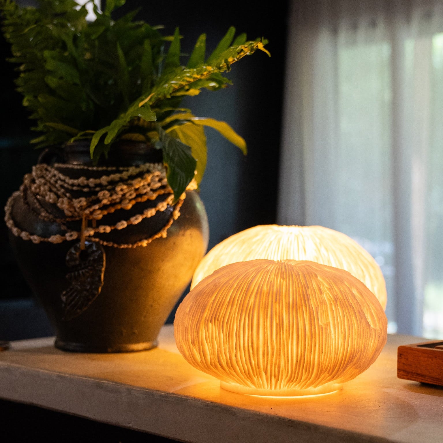 Handcrafted Round Razor Reef Lamp glowing with warm ambient light