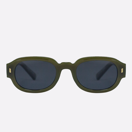 Green sunglasses with dark lenses on a white background
