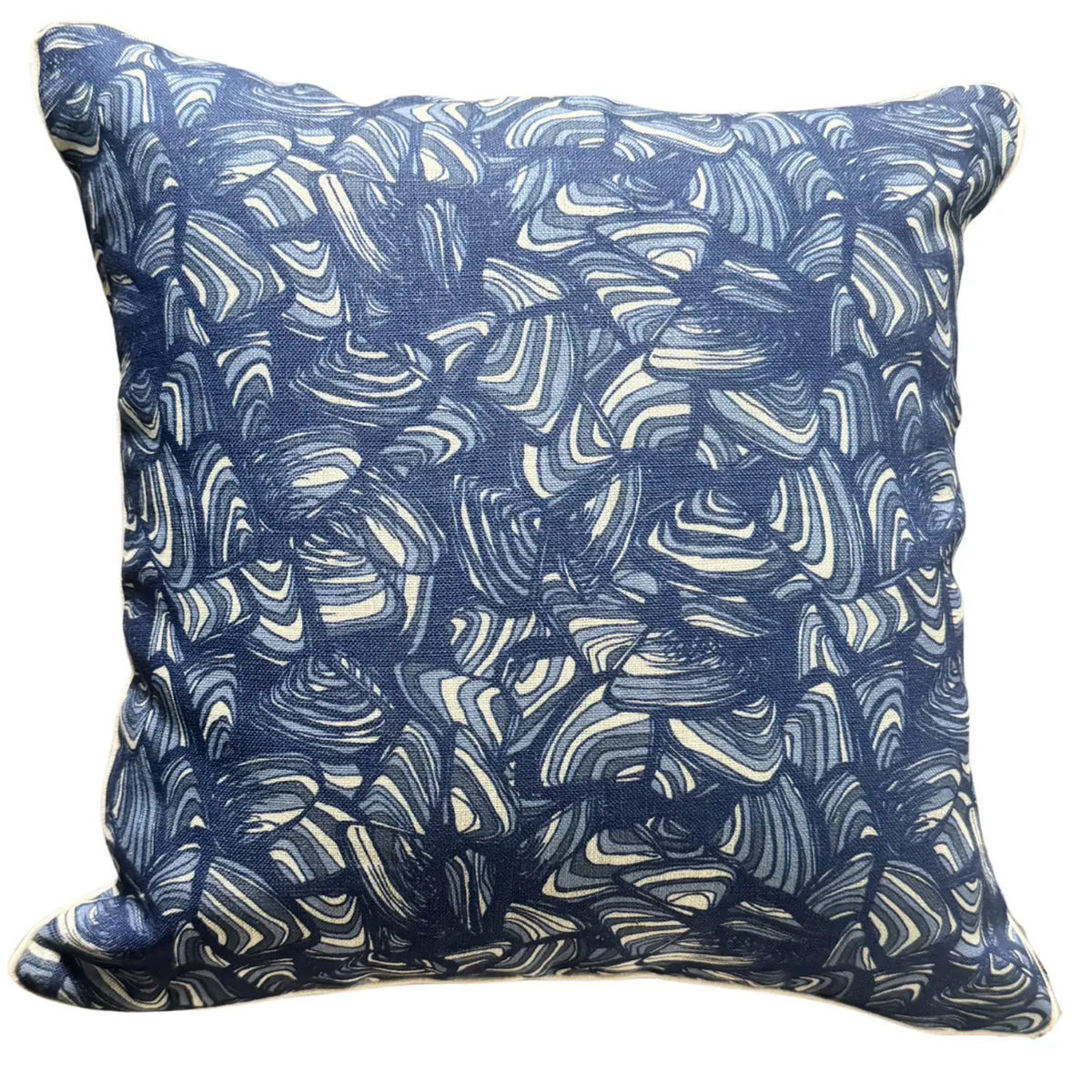 Pacific Pipi square linen cushion cover in blue and natural coastal print on white background