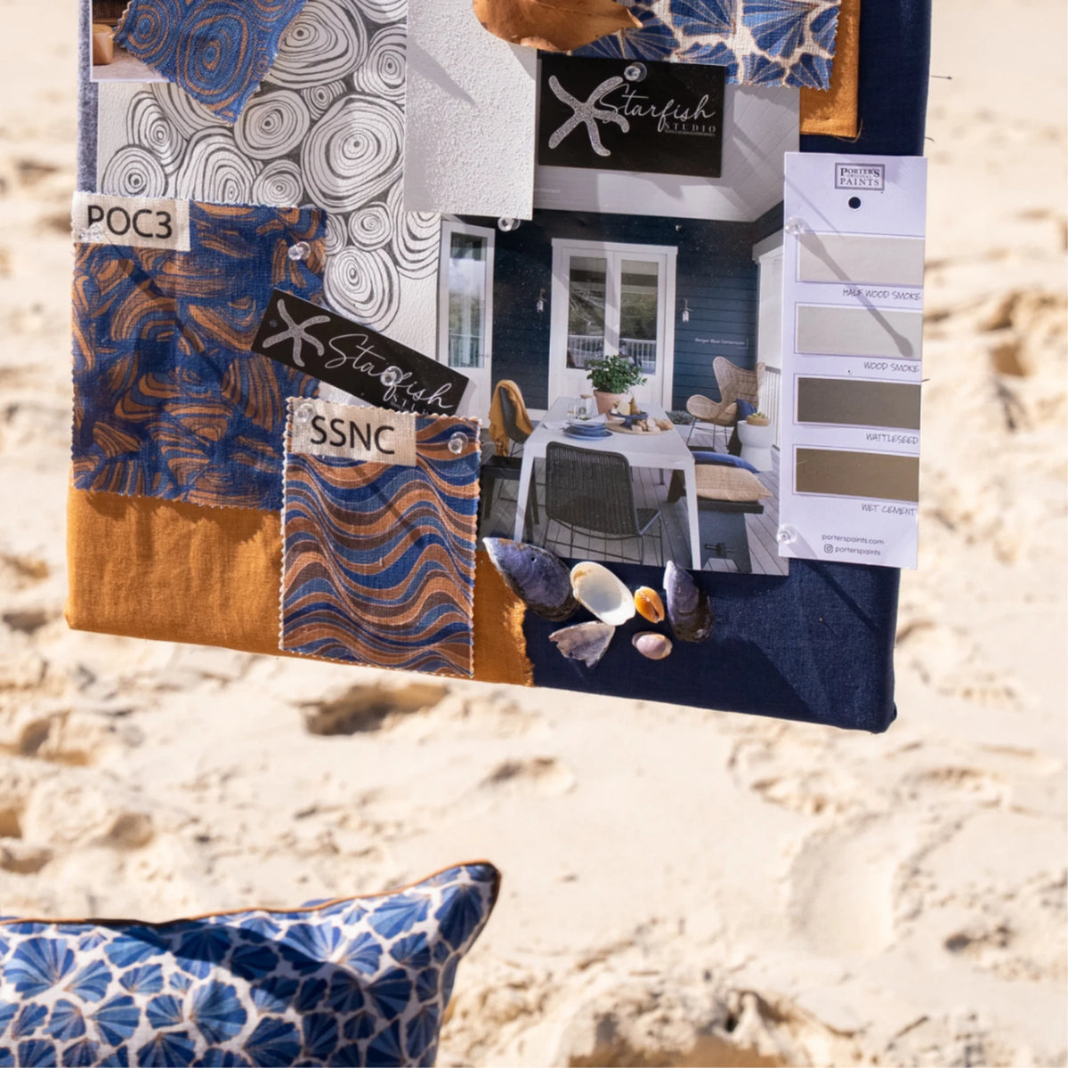 Mariner linen cushion cover fabric moodboard with navy, ochre and coastal interior colour inspiration