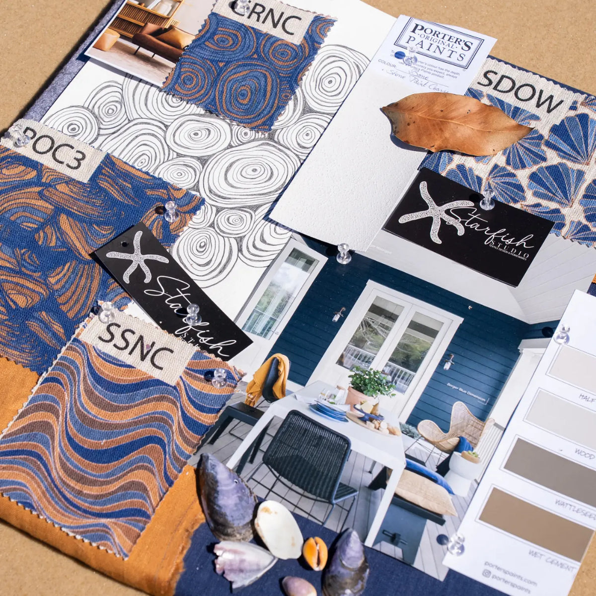 Mariner linen cushion cover fabric swatches styled with a coastal interior design moodboard