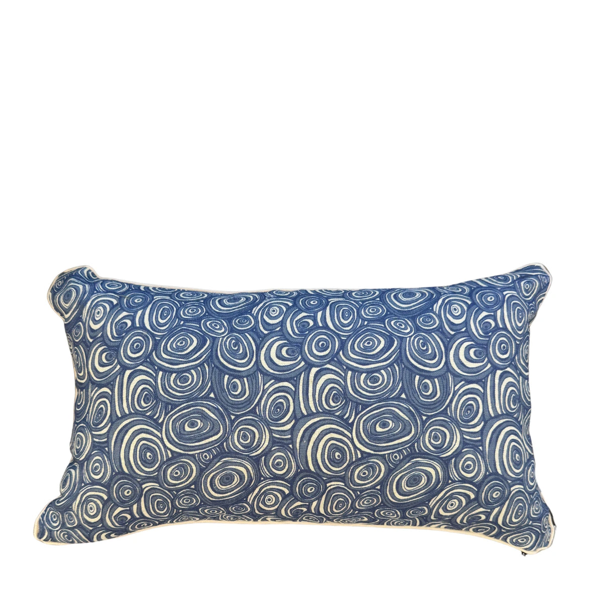 Pacific Growth Rings rectangular linen cushion cover in blue and natural print on white background
