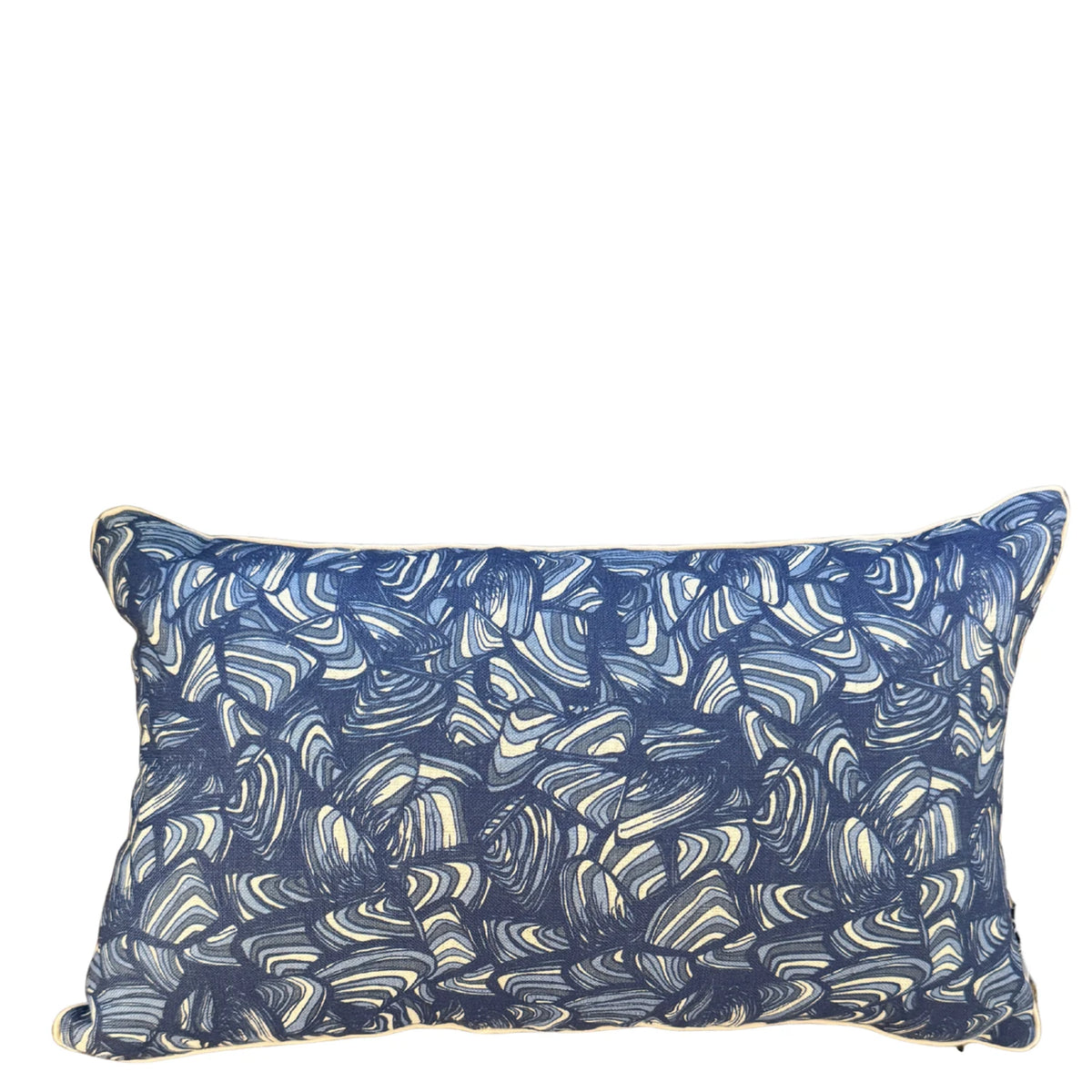 Pacific Pipi rectangular linen cushion cover in blue and natural print on white background