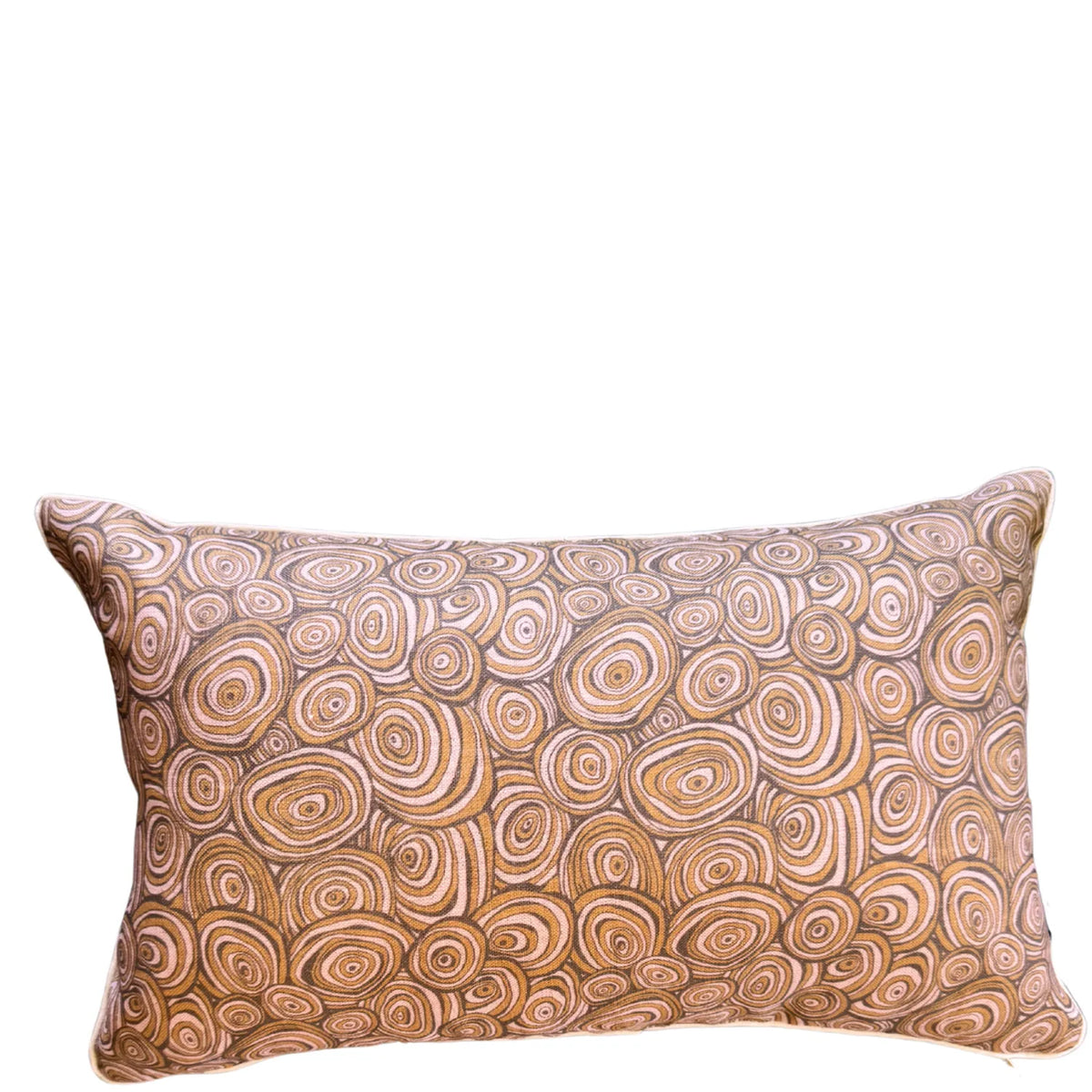 Claytons Growth Rings rectangular linen cushion cover in brown and soft natural tones on white background