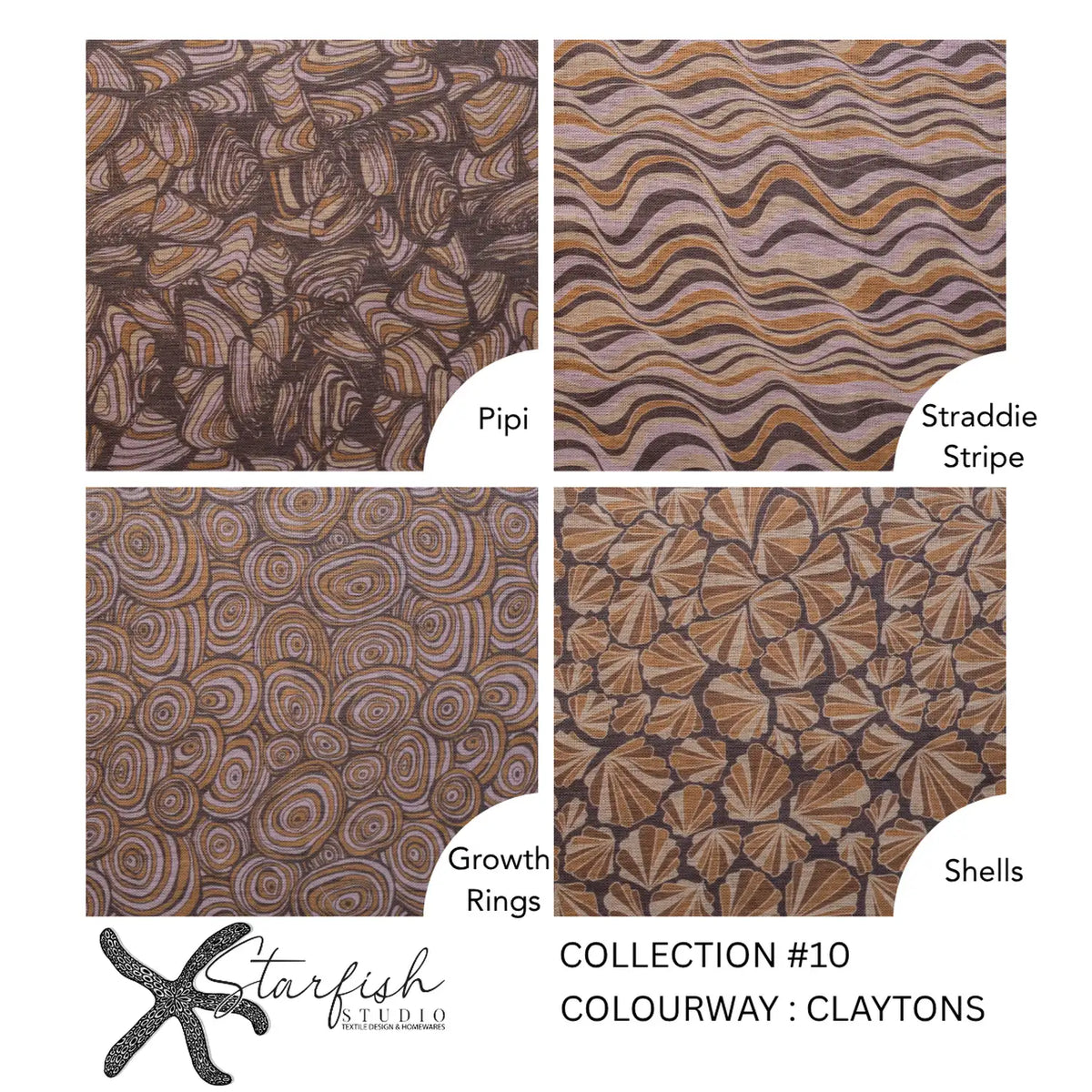 Claytons linen cushion collection featuring Pipi, Straddie Stripe, Growth Rings and Shells prints