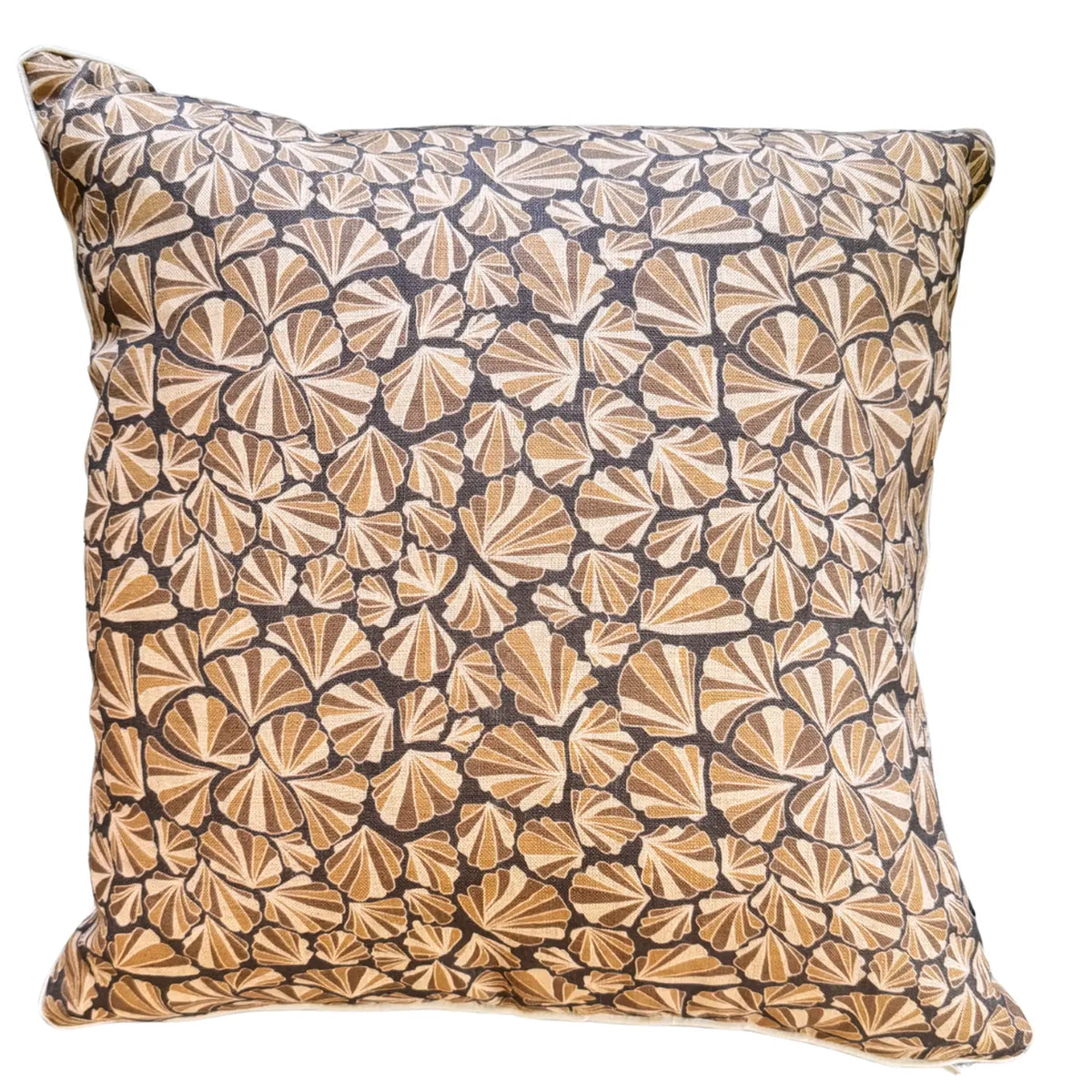 Square Claytons Shells linen cushion cover on white background in brown and beige tones