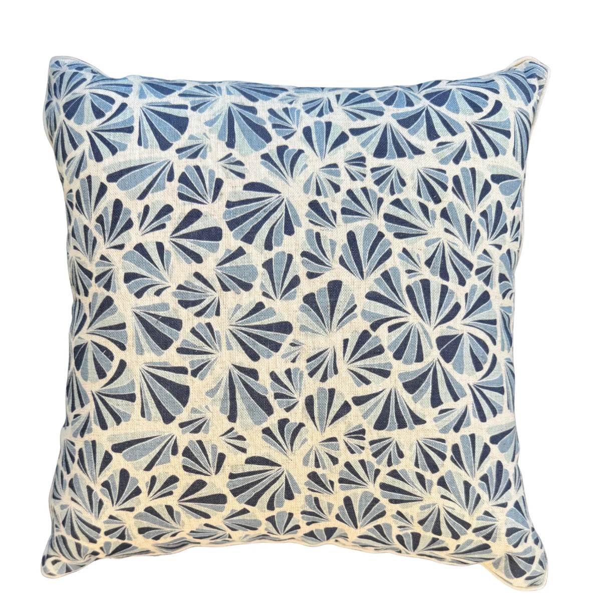 Pacific Shells square linen cushion cover in soft blue and navy on a natural linen background