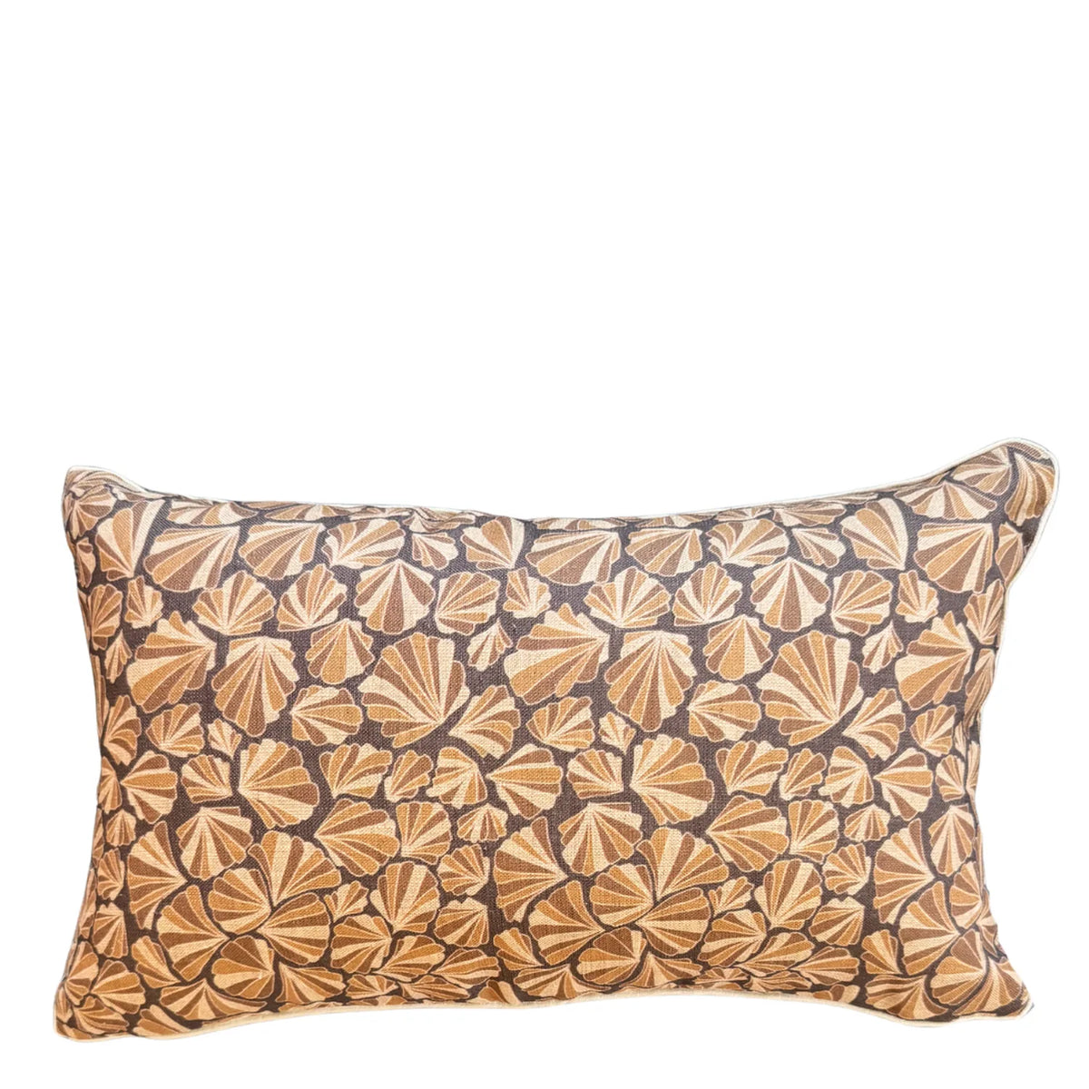 Rectangular Claytons Shells linen cushion cover on white background in brown and beige tones