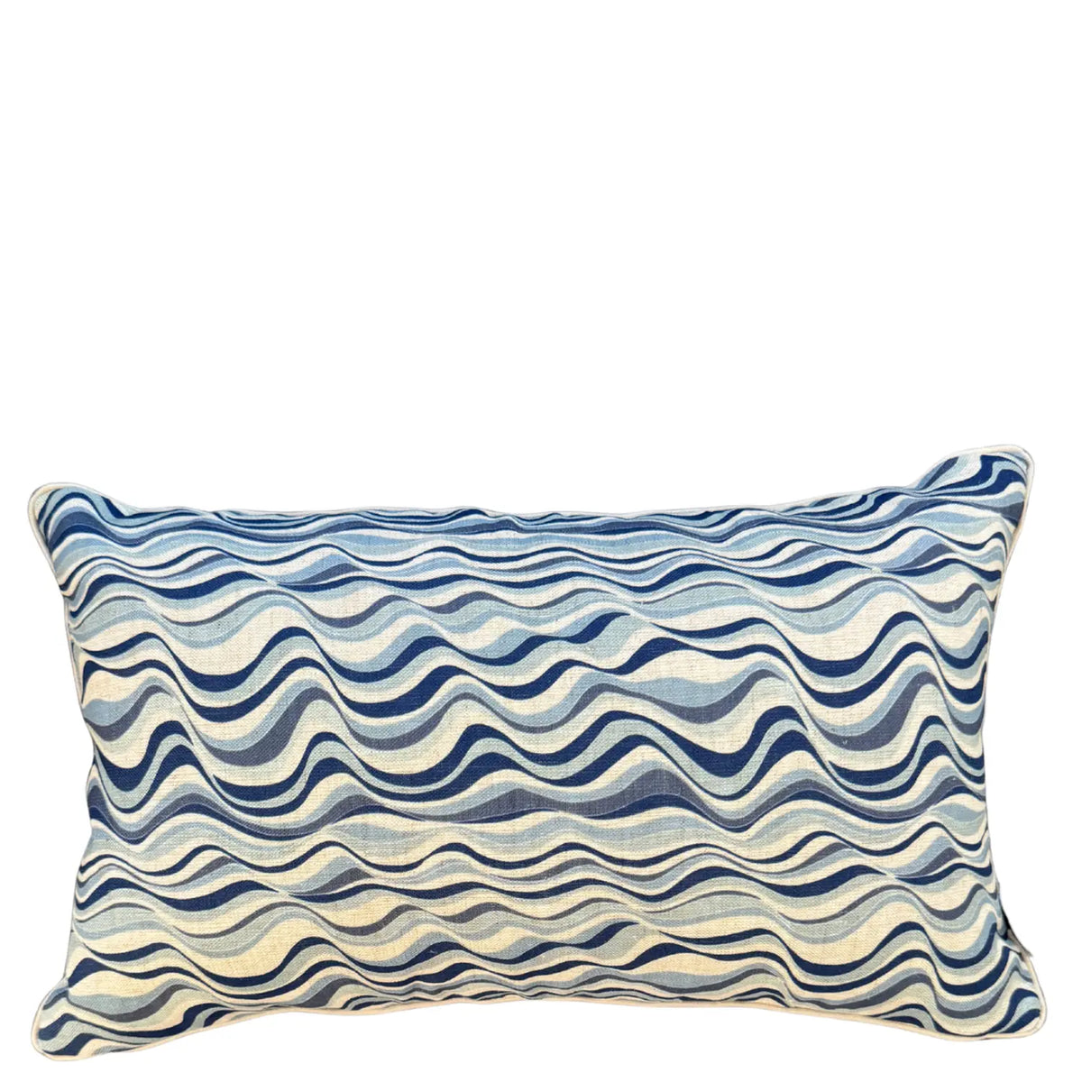 Pacific Straddie Stripe rectangular linen cushion cover in soft blue and navy wave print
