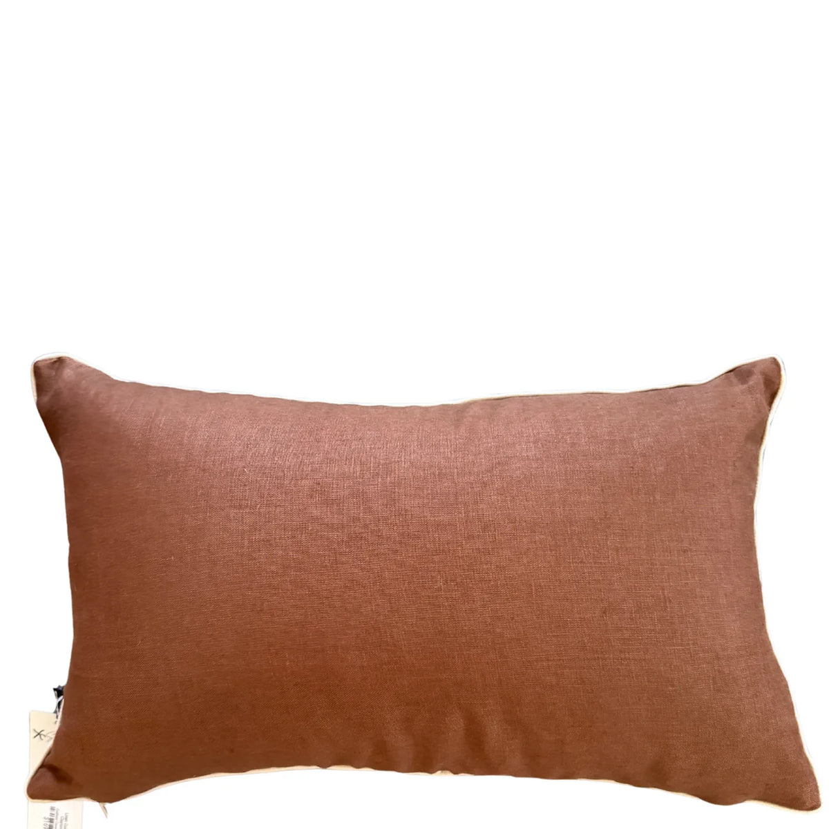 Warm brown linen reverse of rectangular Claytons Growth Rings cushion cover with natural piping