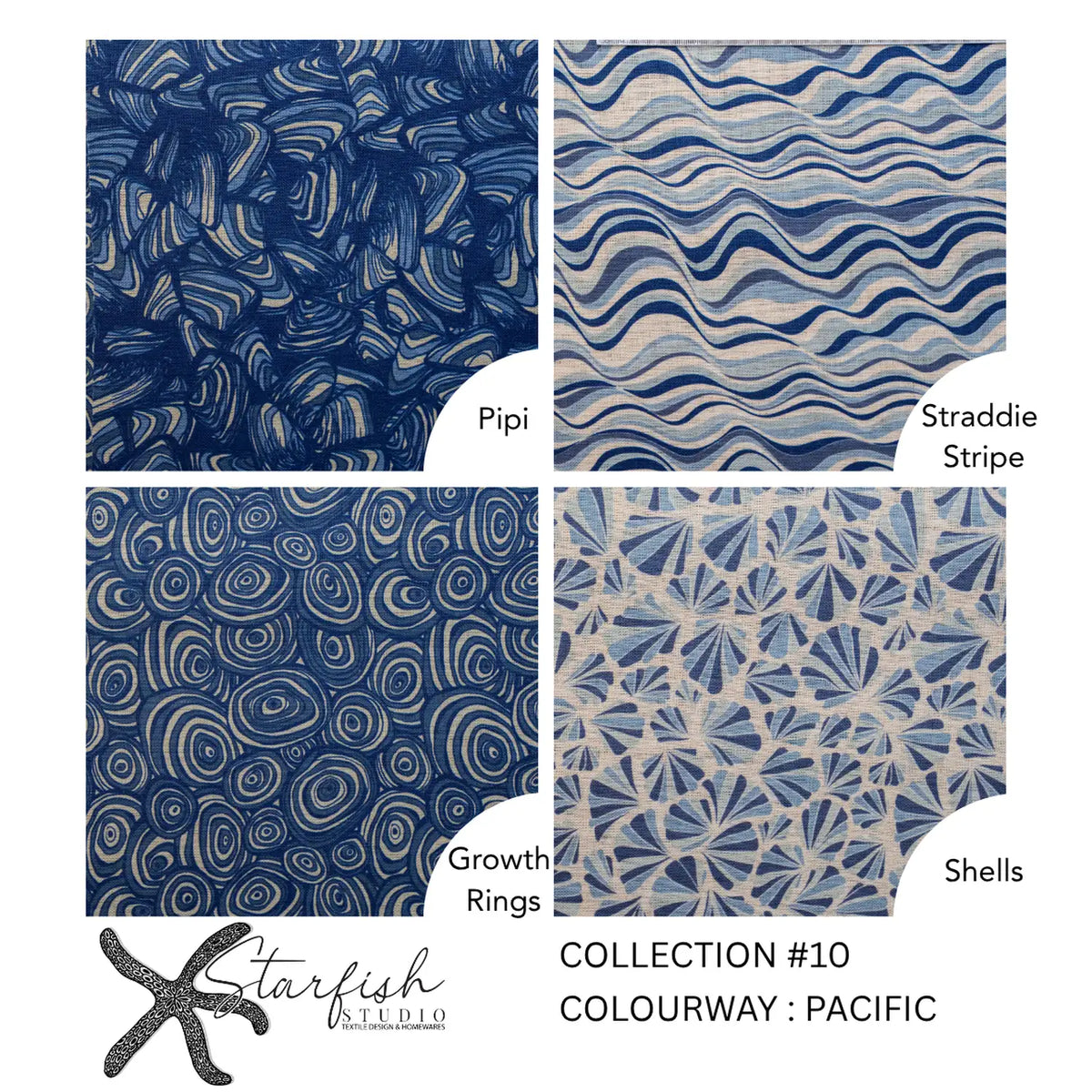 Pacific linen cushion collection featuring Pipi, Straddie Stripe, Growth Rings and Shells prints