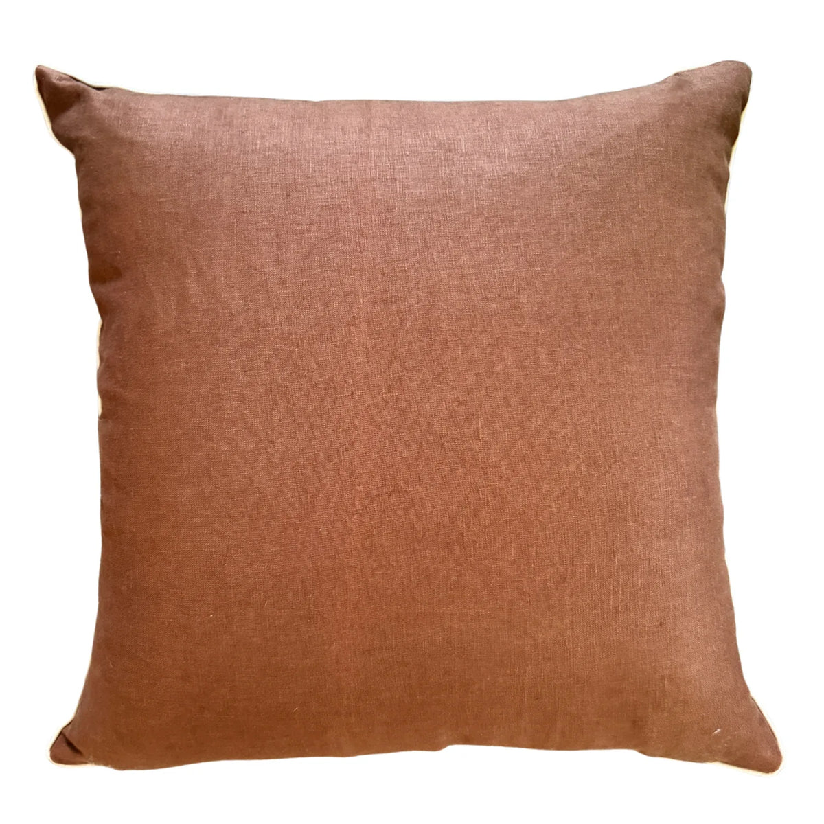 Warm brown linen reverse of square Claytons Shells cushion cover on white background