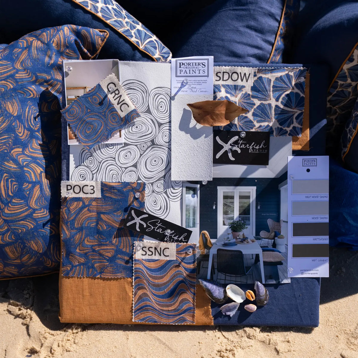Mariner cushion fabric swatches and coastal interior styling moodboard in navy and ochre