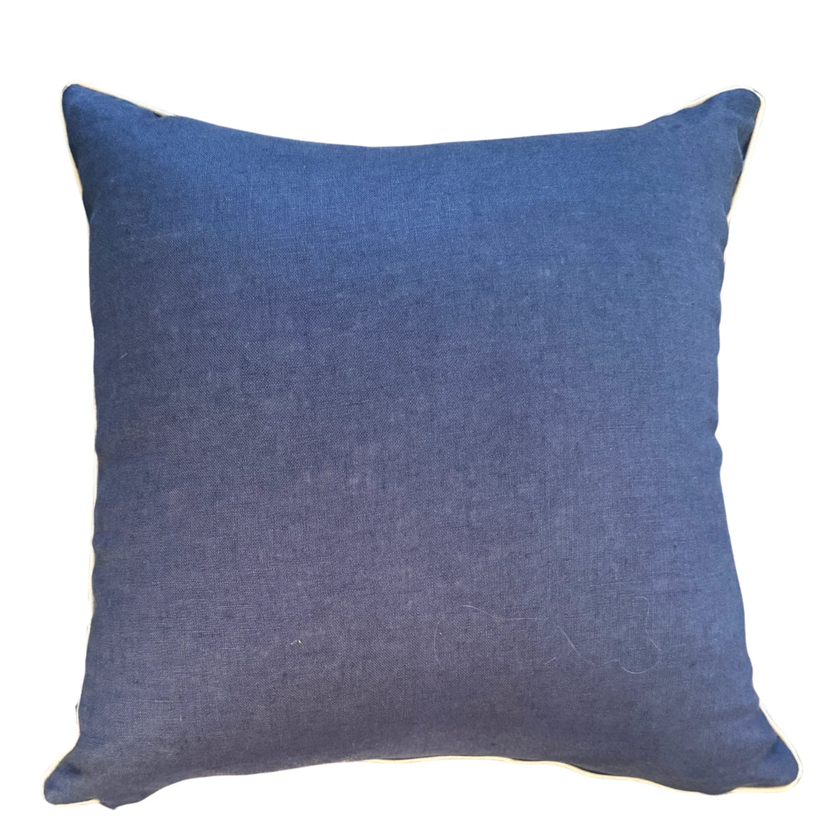 Navy linen reverse of square Pacific Shells cushion cover with natural piping