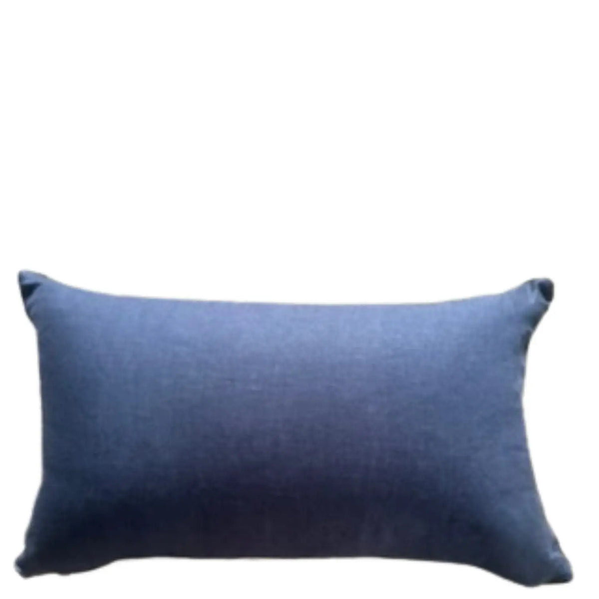 Navy linen reverse of rectangular Pacific Straddie Stripe cushion cover with natural piping