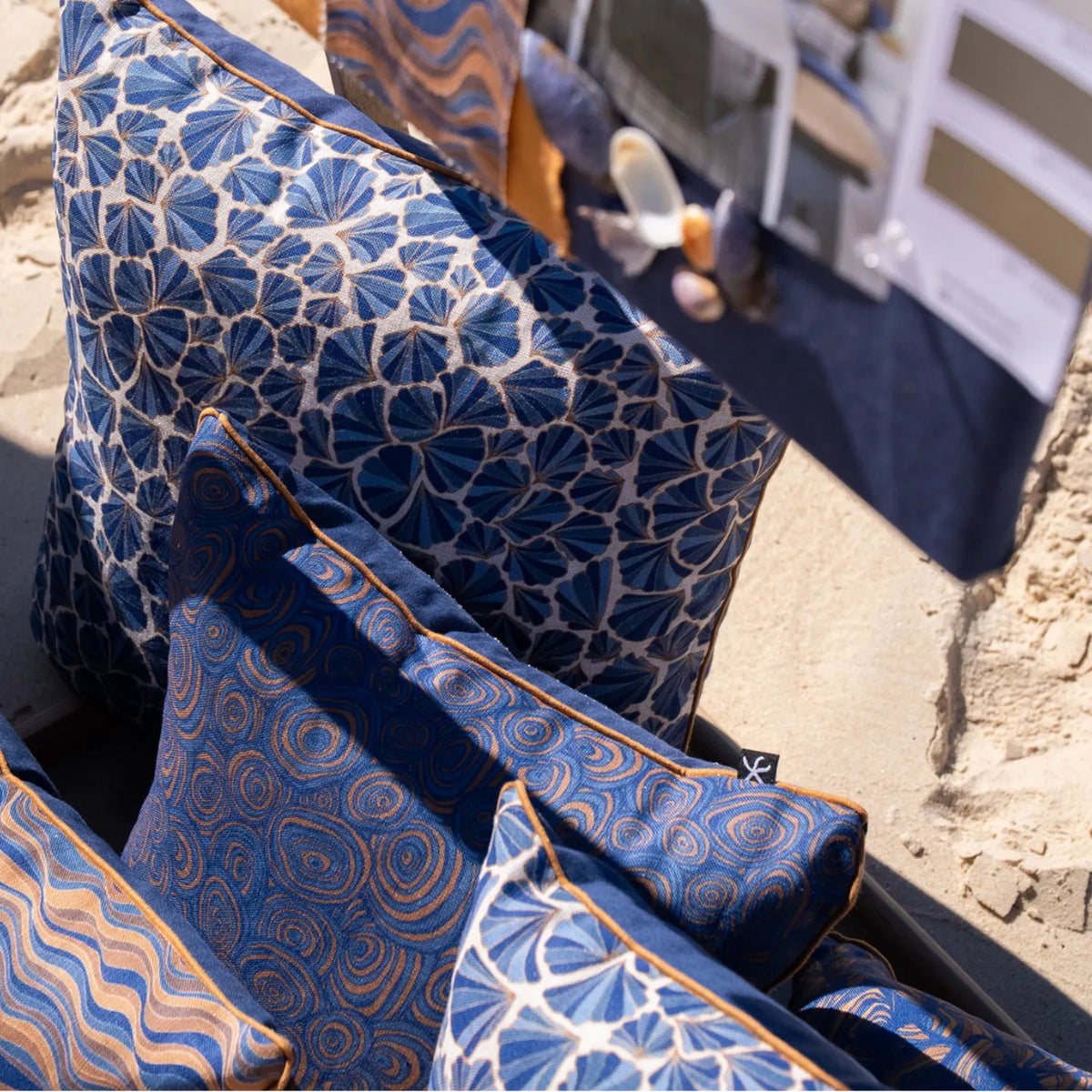 Mariner linen cushion cover collection featuring Growth Rings, Shells and coordinating coastal prints