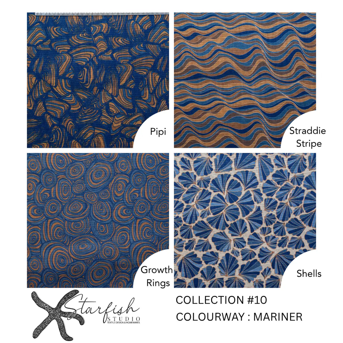 Mariner linen cushion collection featuring Pipi, Straddie Stripe, Growth Rings and Shells patterns