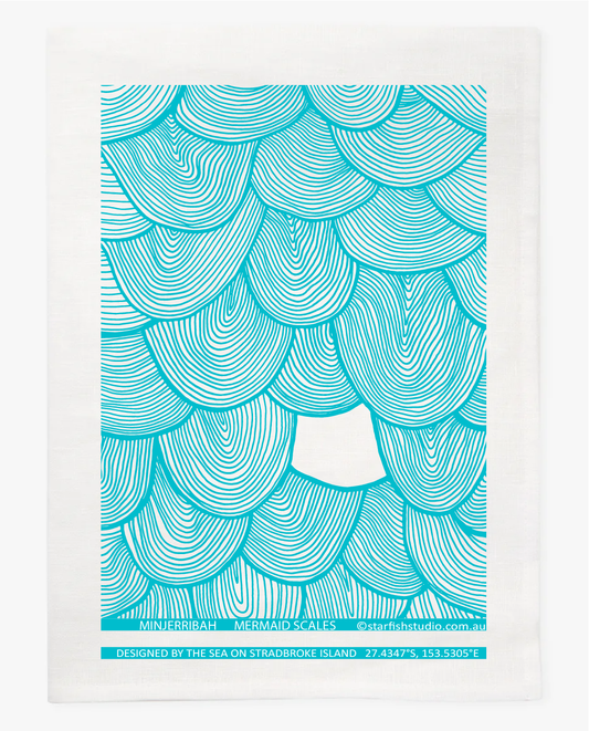 Pure Linen Tea Towel, Minjerribah Mermaid Scales, aqua