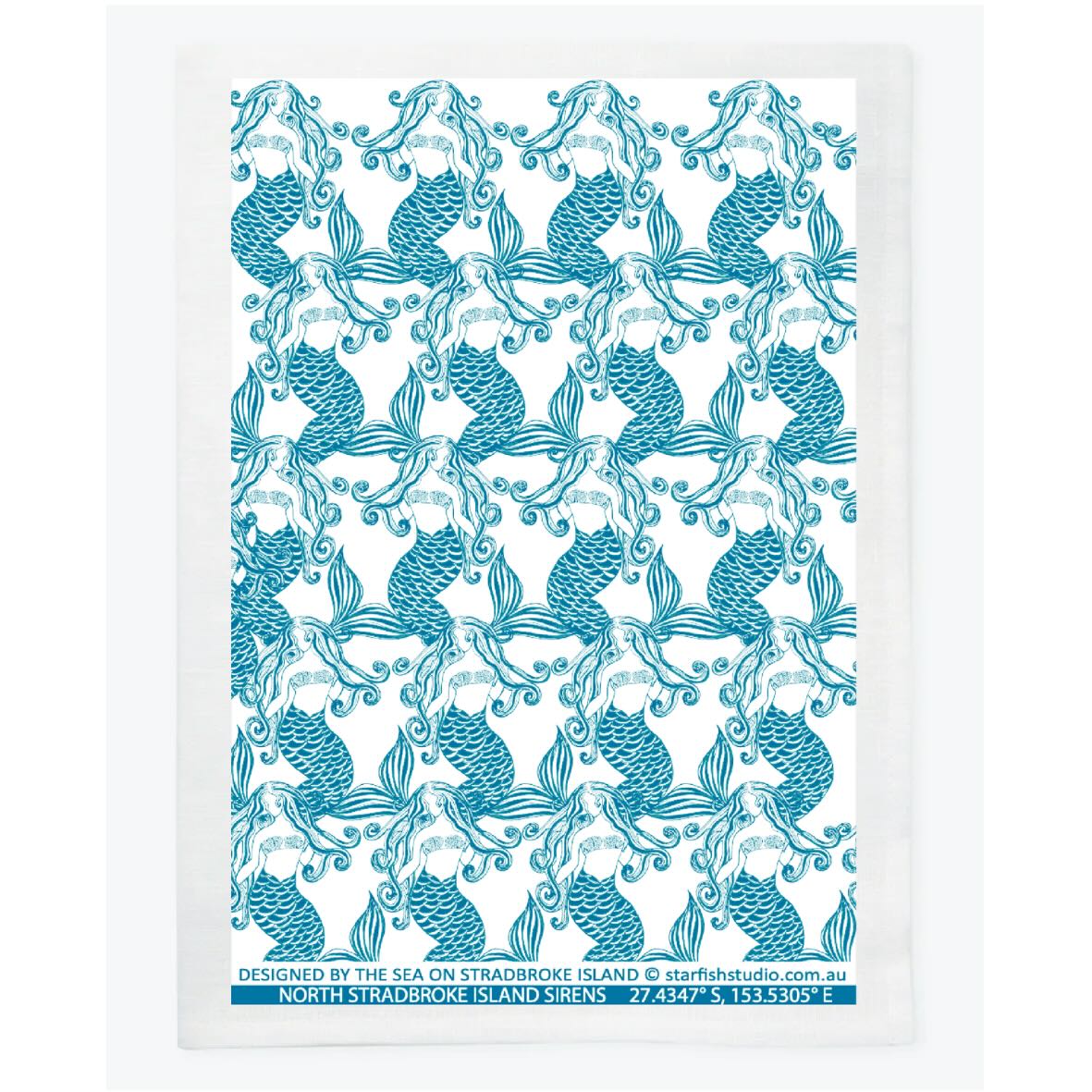 Mermaids Blue pure linen tea towel shown flat, featuring the full repeating mermaid print