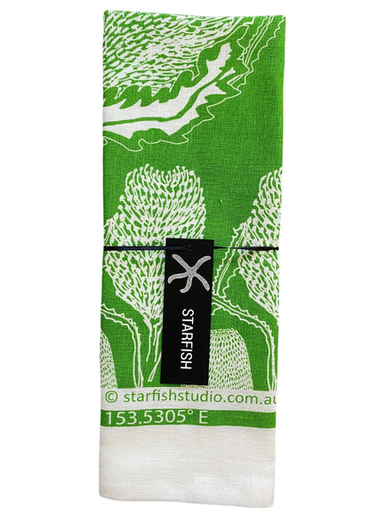Banksia Linen Tea Towel – Green Botanical Print by Jess Scott